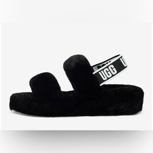 UGG Black Fluffy OH YEAH Platform Slides with Logo Strap